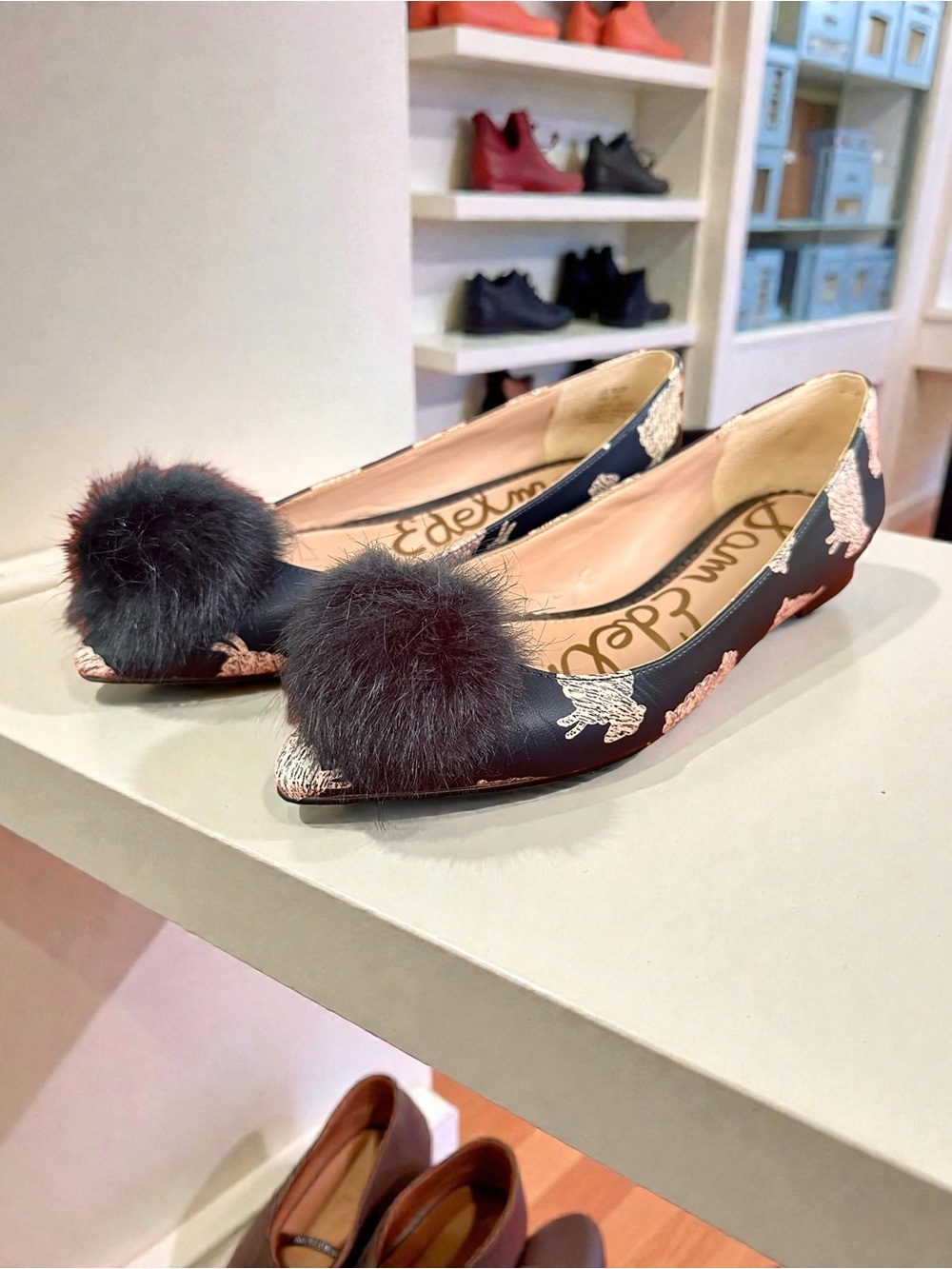 Sam Edelman Black Pom-Pom Pointed Toe Flats with Metallic Details